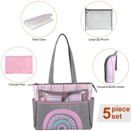 Rainbow Diaper Bag Tote 5 Piece Set with Changing Pad, Insulated Bottle Holder, Wipes Case, Pouch for Baby Girl, Baby Boy (Pink Tote)