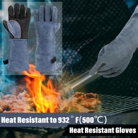Sahunfri Leather BBQ Gloves, 932°F 500℃ Heat Resistant Gloves with Kevlar Stitching for Women Men Barbecue, Welding, Oven, Stove, 40CM/16IN