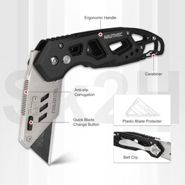HAUTMEC Folding Utility Knife with 10-Pack SK2H Blades, Heavy-Duty Aluminum Alloy Box Cutter with Belt Clip, Carabiner, Quick-Change Blades & Safety Lock – HTUCH25002