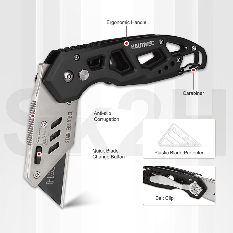 HAUTMEC Folding Utility Knife with 10-Pack SK2H Blades, Heavy-Duty Aluminum