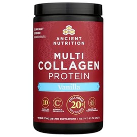 Proteína en polvo de colágeno por Ancient Nutrition, Multi colágeno vainilla Proteína en polvo, 24 porciones, vitamina C, péptidos de colágeno hidrolizados que apoyan la piel y las uñas, salud intestinal, suplemento articular, 9 onzas
