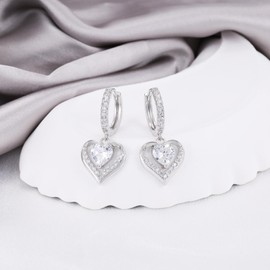 Heart Dangle Hoop Earrings for Women - Sterling Silver Cubic Zirconia Double Love Heart Shaped Hoop Charm Earrings Hypoallergenic Nickel Free Sparkle CZ Loop Dangling Earring Classic Jewelry Gifts