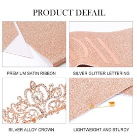 Birthday Queen Sash & Crystal Tiara Kit Tiara Crowns Birthday Decorations Rhinestone Headband Hair Accessories Glitter (ROSE GOLD)