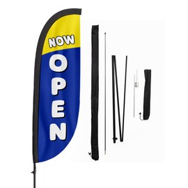 CustomForMe Feather Flag Kit - 12 Feet Tall Advertising Flag Banner with Pole Kit and Ground Spike for Business Promotion - Grand Opening Flags (Now Open Blue)