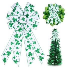 HIENAJ Large St. Patrick's Day Bows for Wreath, Glitter Green Shamrock Ribbon Bow White Burlap Wreath Bows Irish Holiday Tree Topper Bows for Front Door Saint Patrick's Day Decorations Supplies