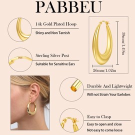 PABBEU Gold Hoops Earrings for Women, Lightweight 14k Gold Plated Hoops Earrings, Hypoallergenic Chunky Gold Earrings for Women Gifts (38MM)