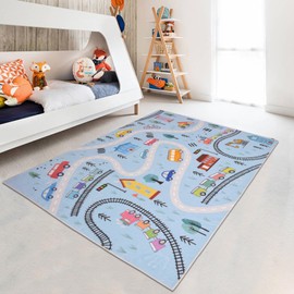Lacomfy Kids Play Mat 6Ft Large Car Rug Blue Road Map Playroom Carpet Road Traffic Adventure Area Rug for Toddlers Boys Girls Children Educational Mat for Bedroom Nursery Decor, 4x6Ft, Blue