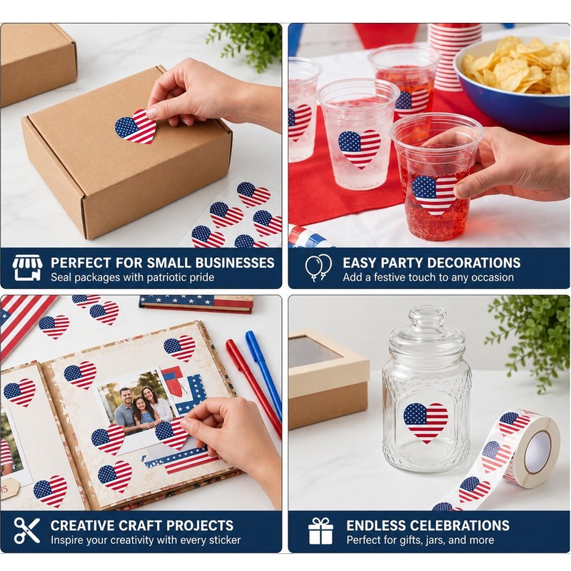 Opreng Heart Shaped American Flag Stickers, 500 PCS, 1.5 Inch