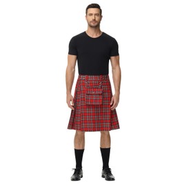 Men's Kilt Tartan Scottish Traditional Highland Wedding Kilt Outfit Red Tartan S