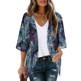 Womens Tops Floral Print Open Front Kimono Cardigan Casual Bikini Cover Up(Boho Purple,L)