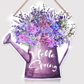 Purple Hello Spring Acrylic Sign for Front Door, Spring Flower Door Hanger Decoration, Spring Acrylic Hanging Decor Rustic Welcome Sign for Front Porch Wall Pediments Decorations