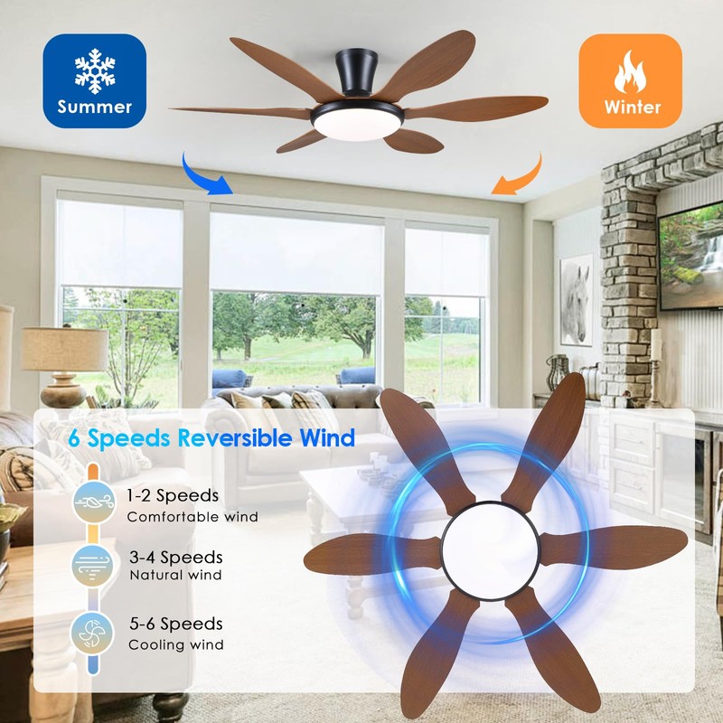 Ceiling Fans with Lights, 51 inch Modern Low Profile Ceiling