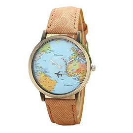 Unisex Retro Bronze Case Global Travel by Plane World Map PU Leather Band Quartz Watch (Coffee)