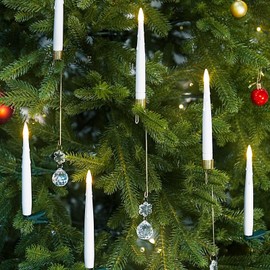 FREEPOWER 12PCS Christmas Tree Candle Lights with Remote Timer,Flameless LED Taper Candles for Christmas Tree Garden Parties Home Decor Wedding Birthday Gift with Snowflake Crystal Ball Hook (White)