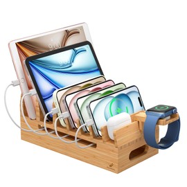 Pezin & Hulin Bamboo Charging Station with Watch Stand, Docking Holder for Multi Device, Desktop Dock Stations Electronic Organizer for CellPhone, Tablet, Watch-No Charger Power Supply-Natural Bamboo