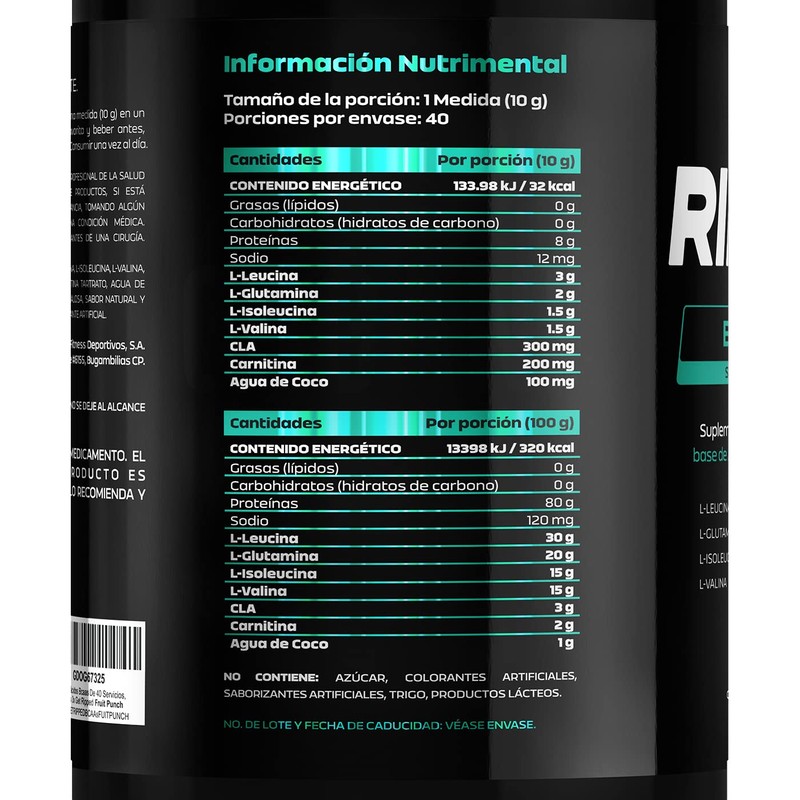 Aminoácidos BCAAs de 40 Servicios. Carnitina, CLA, Glutamina y Electrolitos.