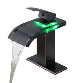 Qeemee LED Waterfall Bathroom Sink Faucet, Bathroom Faucets 3 Colors Changing Glass Spout with Water Supply Hose, Oil Rubbed Bronze Single Handle Brass Basin Mixer Tap Lavatory Vanity Sink Faucet