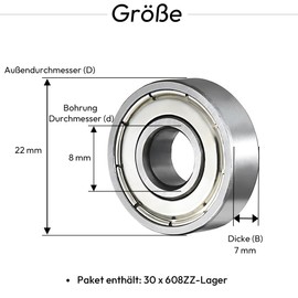 Saipor Pack of 30 608ZZ Ball Bearings, Double Shielded 608 ZZ Small Skateboard Bearings, Miniature Deep Groove Ball Bearings, Carbon Steel Ball Bearings for Skateboards, Scooters, Inline Skates (8 mm