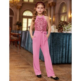 GRACE KARIN Girls Sequin Patchwork Jumpsuit Cut-out Shoulder Flared Bottom Outfit Dark Pink 12-14 Years
