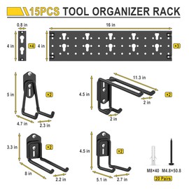 Ultrawall Garage Storage Organization, Versatile Storage Hooks Garden Tool Organizer Wall Mount, 48 Inch Yard Tool Organizer Hangers for Shovels, Rakes, Ladders, 15pcs Black