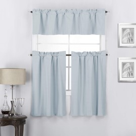 Interior Trends Twilight 3 Piece 100% Blackout Insulated Rod Pocket Kitchen Window Curtain Panel Tiers and Valance Set (36" Tiers Set, Light Blue)