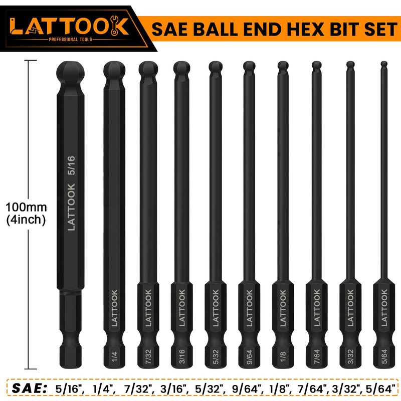 Ball End Hex Head Allen Wrench Drill Bit Set, LATTOOK