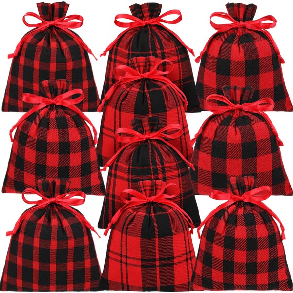 10 Pieces Christmas Buffalo Plaid Drawstring Bags Drawstring Gift Bags Santa Large Sacks Xmas Wrapping Bags Cotton Drawstring Bags Sack for Party Favors Candies (Red and Black Plaid,6 x 8 Inch)