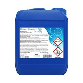 Chlor flüssig 5 Liter UNSTABILISIERT mit 13% Aktivchlorgehalt – FREI VON CYANURSÄURE – Hochwirksame Wasserdesinfektion für Pools, Whirlpools und SwimSpa´s - HERRLAN-Qualität - Made in Germany