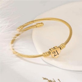 KunBead 21st Birthday Love Heart Gold Tone Bracelets for Women Expandable Lucky Number Age Bangle Cuff Stainless Steel Bracelet