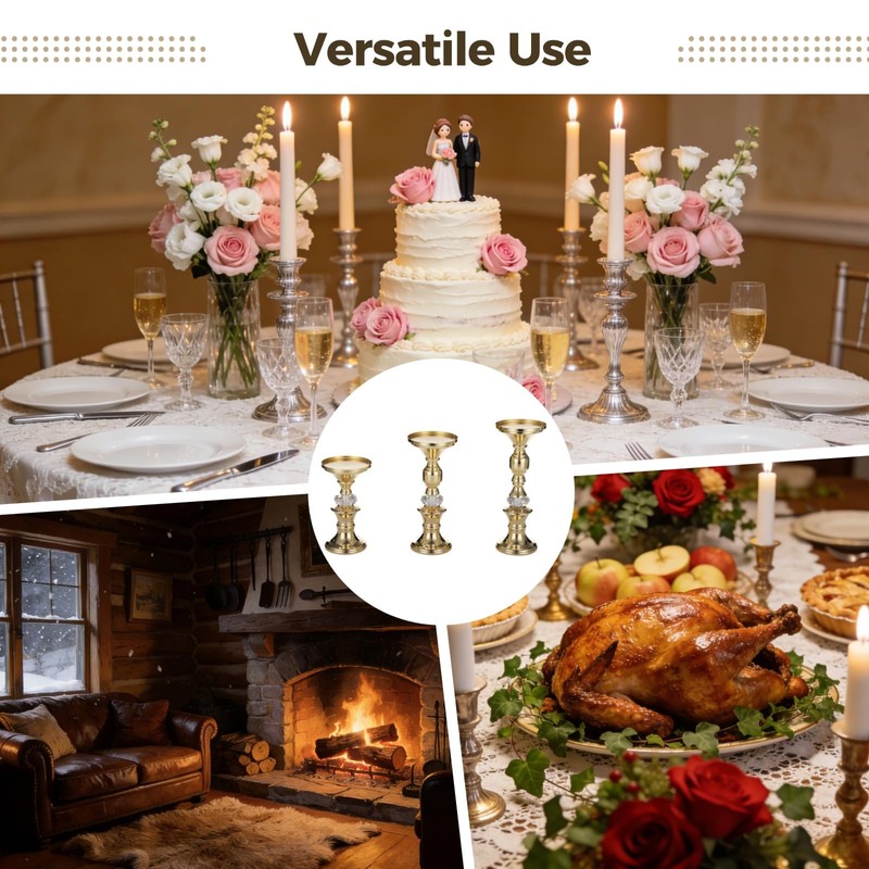 3 Pcs Gold Pillar Candle Holders Set, Elegant Metal Crystal