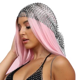 Women's Rhinestone Headscarf Net Veil Cap - Elastic Fishnet Headband Bandana Cap Glitter Hip Hop Turban Cap for Girls, Party, Night Club, Festivals, High Quality Hair Accessories (Silver, One Size)