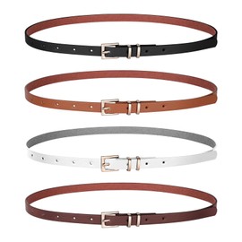 JASGOOD 4 Pack Women Skinny PU Leather Belts Solid Color Leopard Fashion Thin Waist Belts with Gold Buckle for Jeans Pants(F-Black+Drak Brown+Dark Coffee+White,Fit waist size 26"-30")