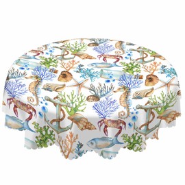 AOYEGO Marine Animals Round Tablecloth 60 Inch Fish Hippocampus Starfish Conch Crab Coral Bottle Ship Anchor Table Cloth Polyester Tablecloths for Home Decor, Parties, Picnic