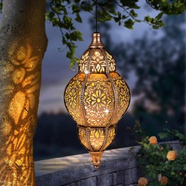 Hanging Solar Lantern Outdoor Decor, Moroccan Solar Lights for Outside Garden Decorations, Waterproof Matel LED Lanterns Garden Gifts for Mom, Women, Patio, Yard,Mothers Day