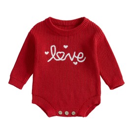 DNOMAID YZARC Baby Boy Girl Valentines Outfit Embroidery Sweater Bubble Romper Long Sleeve Knit Bodysuit One Piece Outfit (Red, 0-3 Months)