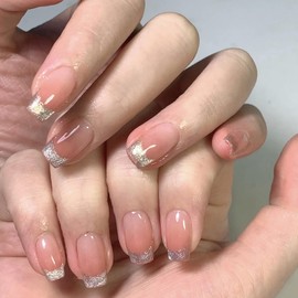 Medium Square Press on Nails with Designs Gold Glitter French Tip Fake Nails Nude Pink Fall Nails Press ons Acrylic Winter False Glossy Artificial Full Cover Stick on Nails for Women Girls 24 Pcs