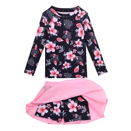 Swimsuit for Girls 5-6 Years Old Black Pink Flower Two Piece Long Sleeve Swimwear Rash Guard Sets with Pantskirt