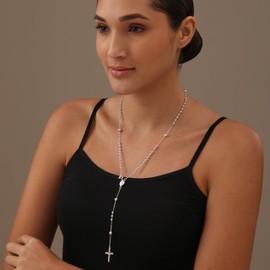 LeCalla 925 Sterling Silver Jewelry Italian Rosary Bead Cross Y Necklace Chain for Women Men Hypoallergenic Rosary Virgin Mary Pendant Necklaces with Lobster Claw Clasp 22 Inches