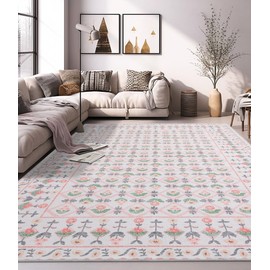 YIHOUSE 8x10 Pink Floral Vintage Area Rug,Colorful Flower Preppy Rug,Kids Rainbow Rugs for Playroom Girls Bedroom,Nursery Dorm Decor,Blush Pink Boho Washable Rug for Living Room