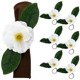 Teenyyou Set of 6 Pcs Artificial Magnolia Flower Napkin Rings Fall Napkin Ring Holder Autumn Magnolia Flower with Artificial Leaves for Thanksgiving Weddings Dinner Gathering Table Decoration