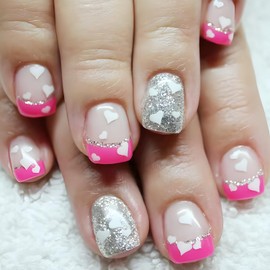 24Pcs Valentine's Day Press on Nails Short French Tip Fake Nails with White Heart Acrylic Nails Pink Nail Tip False Nails Silver Glitter Glue on Nails Valentines Artificial Nails for Women Manicure