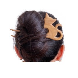 Natural Wood Hair Claw Hair Accessory Yukata Kimono Kimono Hair Ornament for Everyday Use (Cat/Peach Tree)