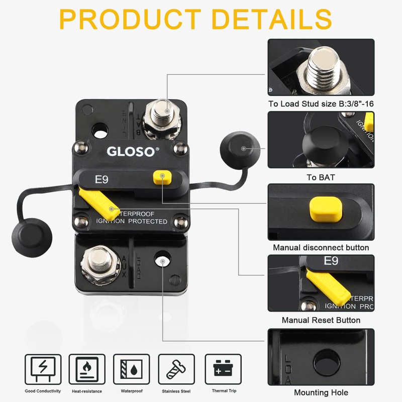 GLOSO Circuit Breaker E93 Breaker Extended Surface Mount 3/8" Diagonal