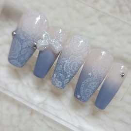 Vintage Denim Lace Handmade Nail Tips - Point / 빈티지 데님 레이스 수제네일팁 - 포인트