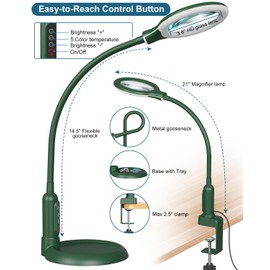 10X Magnifying Glass with Light and Stand, LED 5 Color Modes, Brightness Stepless Dimming Lighted Magnifier Hands Free, Flexible Gooseneck Desk Lamp with Clamp for Close Works, Crafts, Hobby - Green