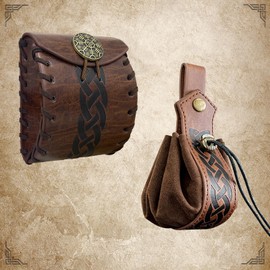 EpicCos 2 PCs Medieval Faux Leather Belt Bag, Renaissance Drawstring Pouch Dice Bag, Vintage Side Pack Coin Purse for LARP (Brown B)