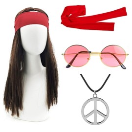 LIURFLNC Men's Hippie Costume, 60s 70s Outfit, Hippie Costume Set, Wig, Sunglasses, Peace Necklace Pendant, Headband, Hippie Wig for Carnival Theme Party