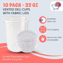 Snout and Shell Deli Cups with Fabric Vented Lids, 10 Pack - Secure Fruit Fly & Insect Cultures, Prevent Escapes & Contaminants, Easy Fruit Fly Media Preparation, Hot Liquid Safe