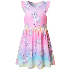 Little Girls Dresses Rainbow Unicorn Outfits Pink Casual Party Clothes Size 8 9