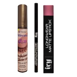 Kit de Maquillaje Profesional, Rímel Prosa con Cepillo de Silicona Cafe Resistente al Agua, Labial Mate Ivy de Larga Duración y Delineador Lapiz de Labios Ivy (Jet Setter)